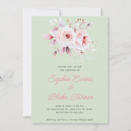 Modern Romantic Pink Roses Light Green Wedding Invitation