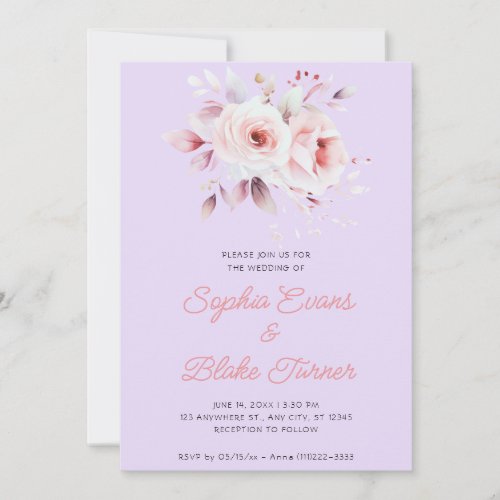 Modern Romantic Pink Roses Light Purple Wedding Invitation