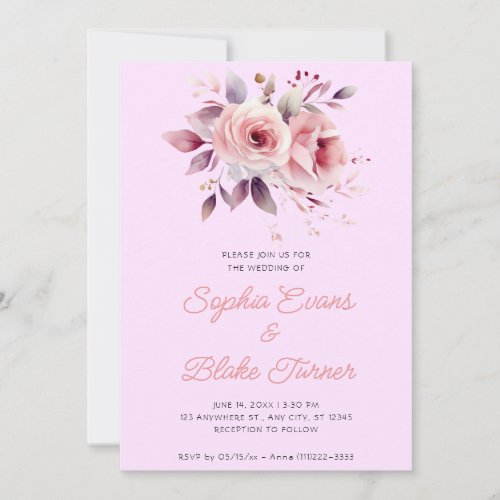 Modern Romantic Pink Roses Light Purple Wedding Invitation