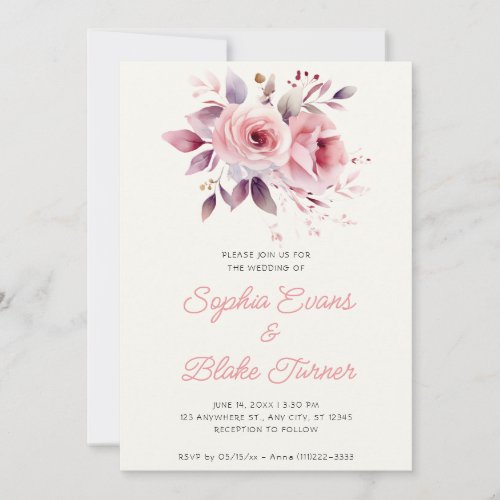 Modern Romantic Pink Roses White Cream Wedding Invitation