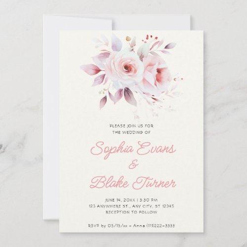 Modern Romantic Pink Roses White Cream Wedding Invitation