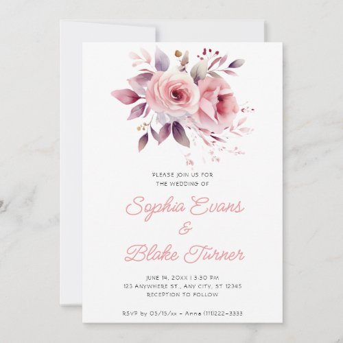 Modern Romantic Pink Roses White Wedding Invitation