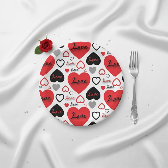 Modern Romantic Red and Black Love Heart Pattern Paper Plates (Creator Uploaded)