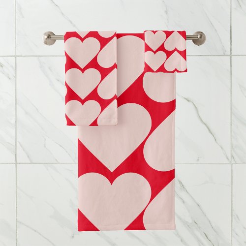 Modern  Romantic Red  Pink Hearts Pattern  Bath Towel Set