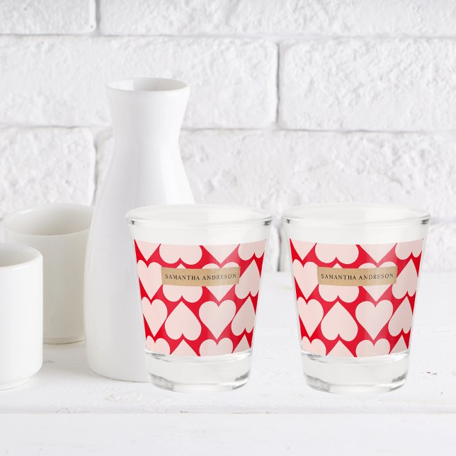 Modern  Romantic Red & Pink Hearts Pattern  Shot Glass (Creator Uploaded)
