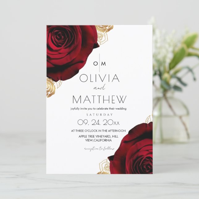 Modern Romantic Red Rose Floral Wedding  Invitation (Standing Front)