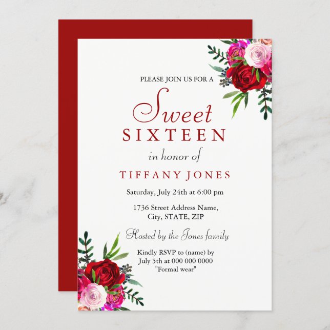 Modern Romantic Red Rose Sweet 16 Invitation (Front/Back)