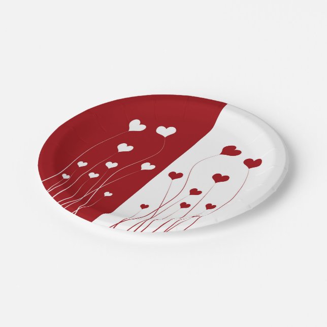 Modern Romantic Red White Love Hearts Paper Plates (Angled)