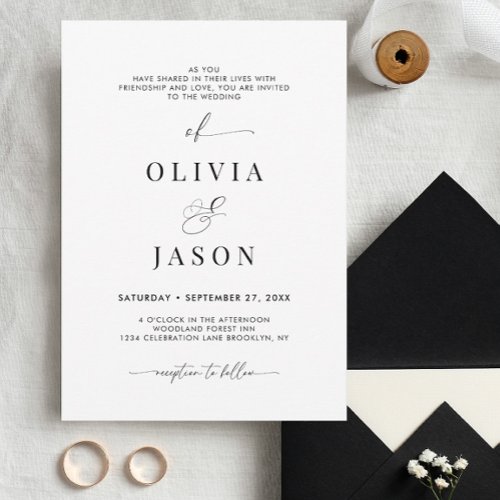 Modern Romantic Script Black and White Wedding Invitation