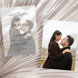 Modern Romantic Script Black White 2 Photo Wedding Invitation