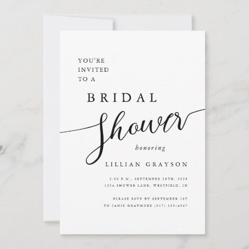 Modern Romantic Script Black  White Bridal Shower Invitation