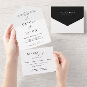 Modern Romantic Script Black White Wedding Rsvp All In One Invitation