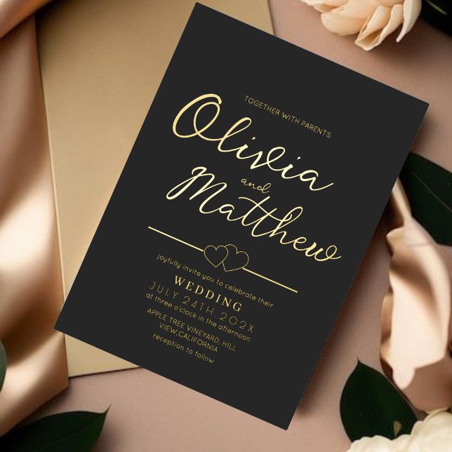 Modern Romantic Script Foil Gold and Black Wedding Foil Invitation (Creator Uploaded)