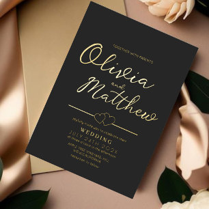 Modern Romantic Script Foil Gold and Black Wedding Invitation