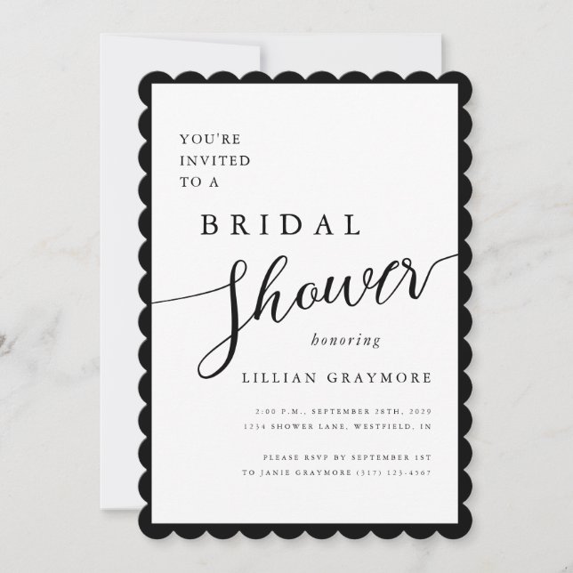 Modern Romantic Script Scalloped Bridal Shower Invitation (Front)