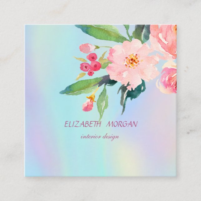 Modern  Romantic Watercolor Flowers Holographic Square Business Card (Front)