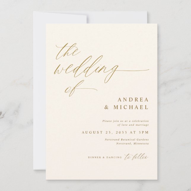 Modern Romantic Wedding Cream and Gold Invitation (Front)
