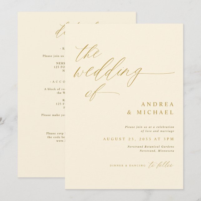 Modern Romantic Wedding Cream and Gold Invitation (Front/Back)