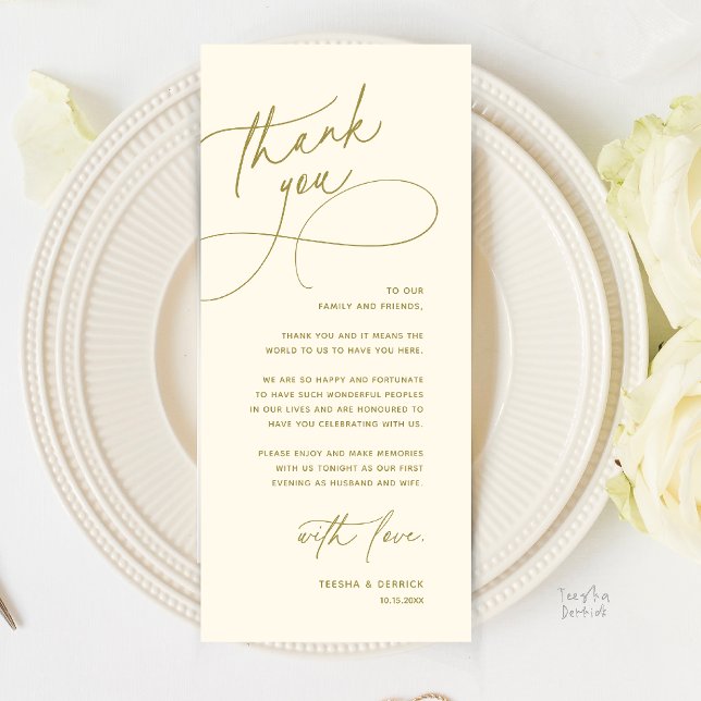 Modern Romantic Wedding Reception Thank You Card (Modern Romantic Wedding Reception Dinner Lunch Brunch Thank You Card in Yellow gold)