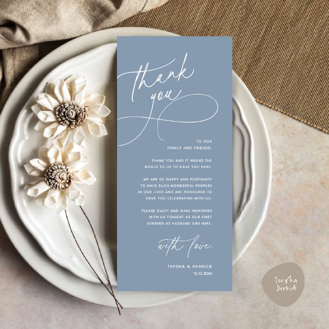 Modern Romantic Wedding Reception Thank You Card (Modern Romantic Wedding Reception Dinner Lunch Brunch Thank You Card in Dusty Blue)