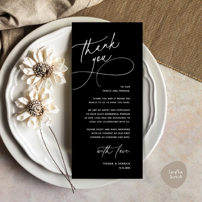 Modern Romantic Wedding Reception Thank You Card (Modern Romantic Wedding Reception Dinner Lunch Brunch Thank You Card in Black and white)
