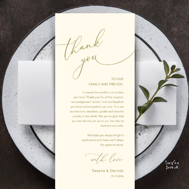 Modern Romantic Wedding Reception Thank You Card (Modern Romantic Wedding Reception Thank You Card, plate decoration, in Yellow Gold)