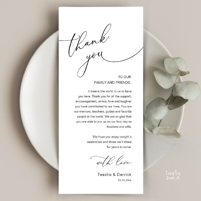 Modern Romantic Wedding Reception Thank You Card (Modern Romantic Wedding Reception Thank You Card, plate decoration, in Black and White)