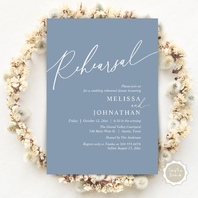 Modern Romantic Wedding Rehearsal Dinner Invitation (Modern Romantic Wedding Rehearsal Dinner Dancing Invitation Card PDF Aesthetic Dusty Blue)