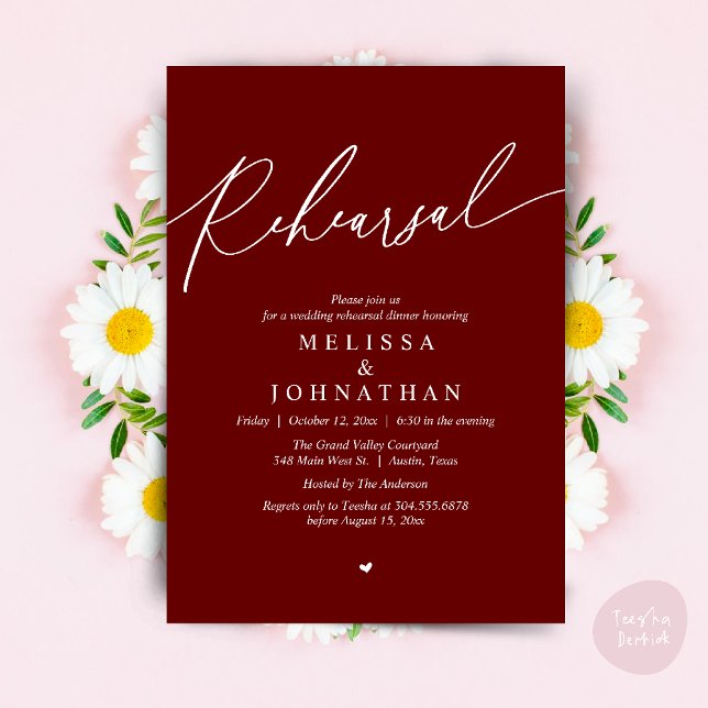 Modern Romantic Wedding Rehearsal Dinner Invitation (Modern Romantic Wedding Rehearsal Dinner Dancing Invitation Card PDF Aesthetic Burgundy wine red)