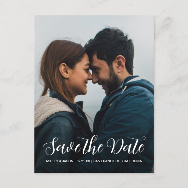 Modern Romantic White Script Save the Date Photo Announcement Postcard (Front)