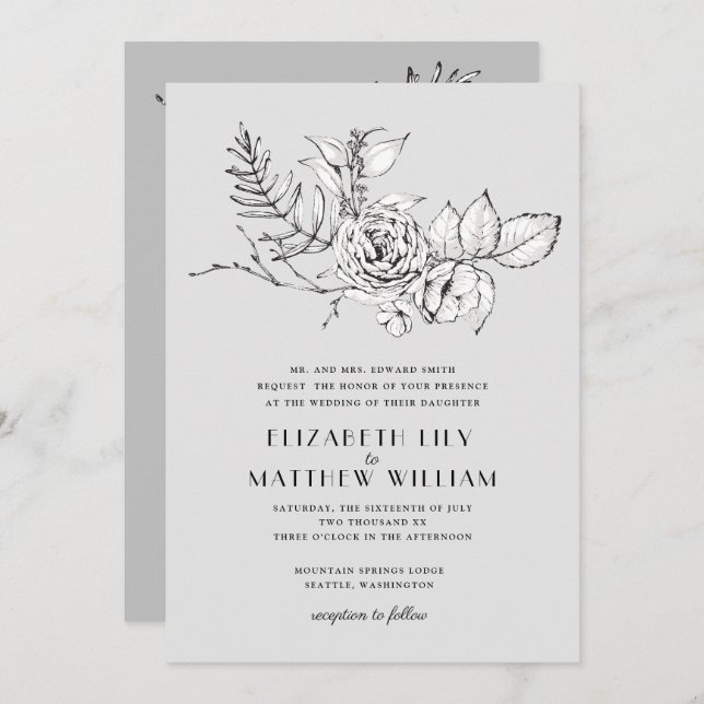 Modern Romantic Wildflower Gray Wedding Invitation (Front/Back)