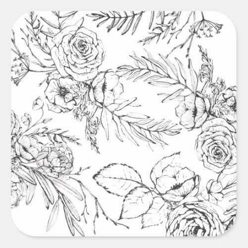 Modern Romantic Wildflower Line Drawing Square Sticker