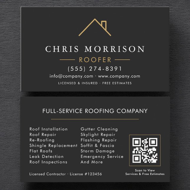 Modern Roofer Black Gold QR Code Business Card (Creator Uploaded)