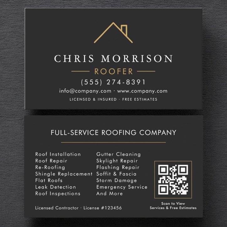 Modern Roofer Black Gold QR Code Business Card