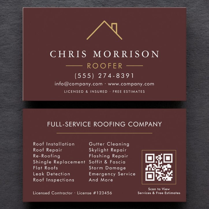 Modern Roofer Burgundy Gold QR Code Business Card