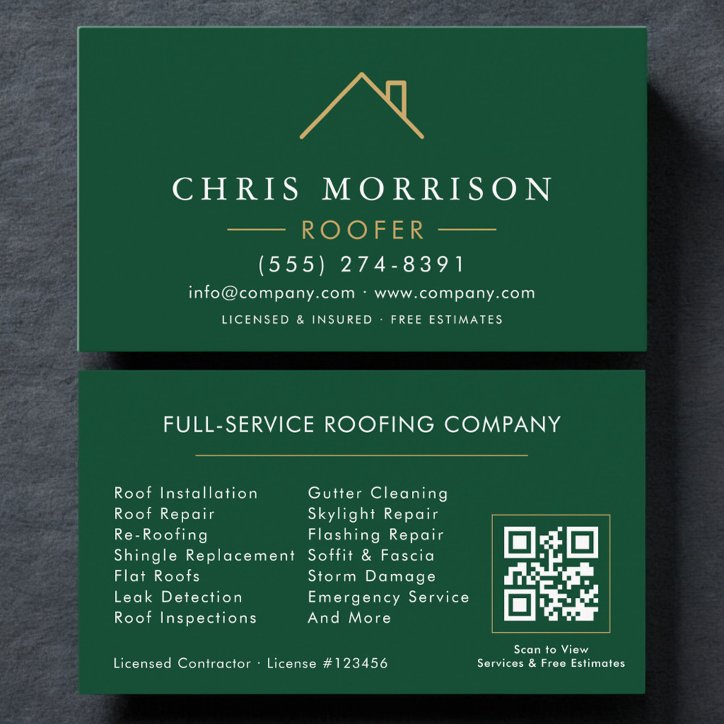 Modern Roofer Green Gold QR Code Business Card