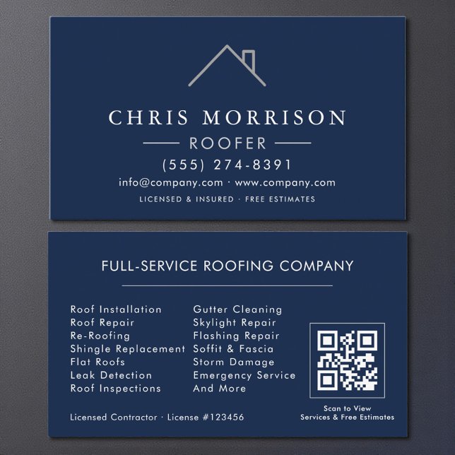 Modern Roofer Navy Blue Silver QR Code Business Card (Creator Uploaded)