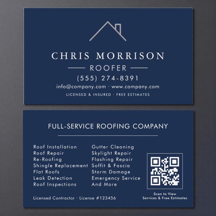 Modern Roofer Navy Blue Silver QR Code Business Card