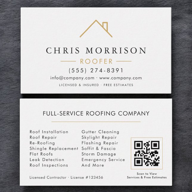 Modern Roofer White Gold QR Code Business Card (Creator Uploaded)