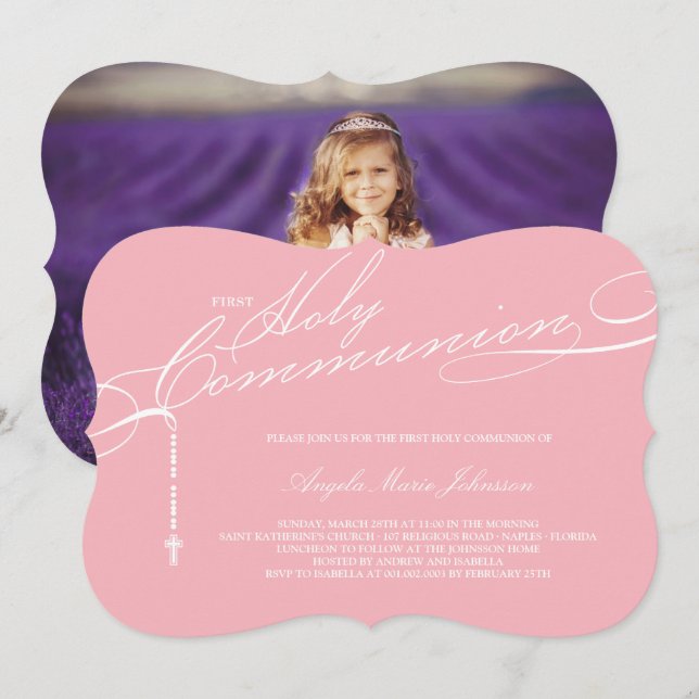 Modern Rosary First Holy Communion Photo Religious Invitation (Front/Back)