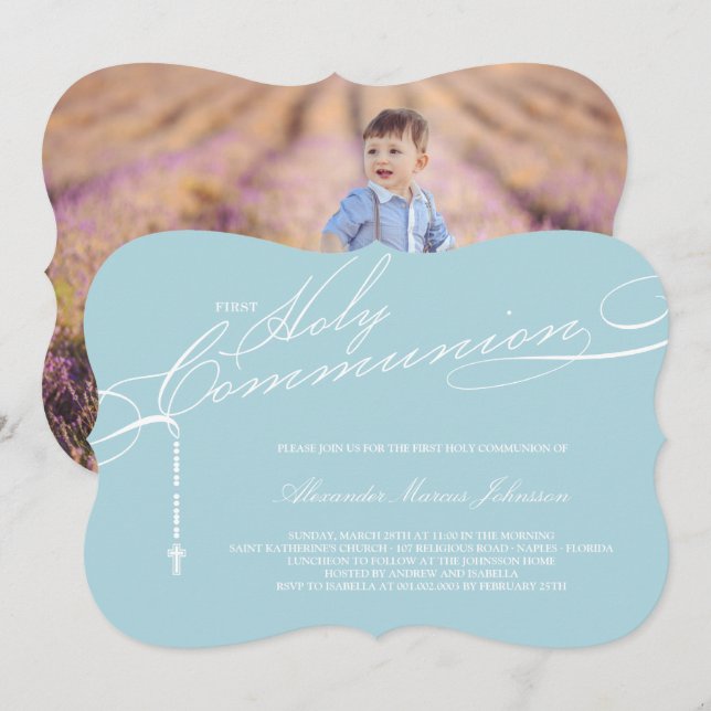 Modern Rosary First Holy Communion Photo Religious Invitation (Front/Back)