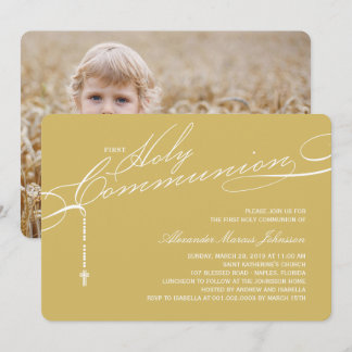 Modern Rosary First Holy Communion Photo Religious Invitation