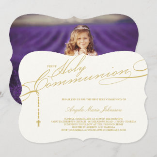 Modern Rosary First Holy Communion Photo Religious Invitation
