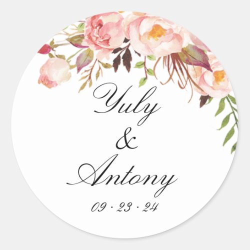 Modern Rose and Peach Watercolor Wedding  Classic Round Sticker
