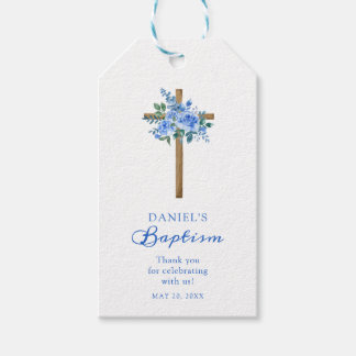 Modern Rose Dusty Blue Baptism Boy Gift Tags