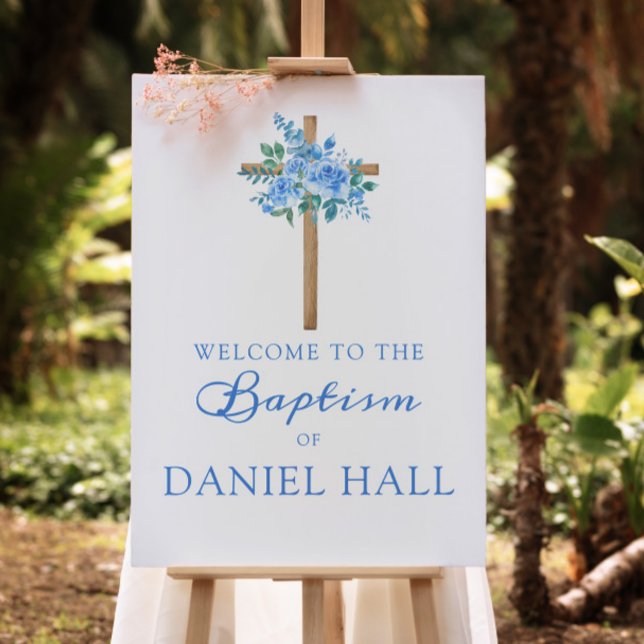 Modern Rose Dusty Blue Cross Baptism Boy  Foam Board (Creator Uploaded)