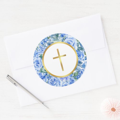 Modern Rose Dusty Blue Watercolor Gold Gross Classic Round Sticker