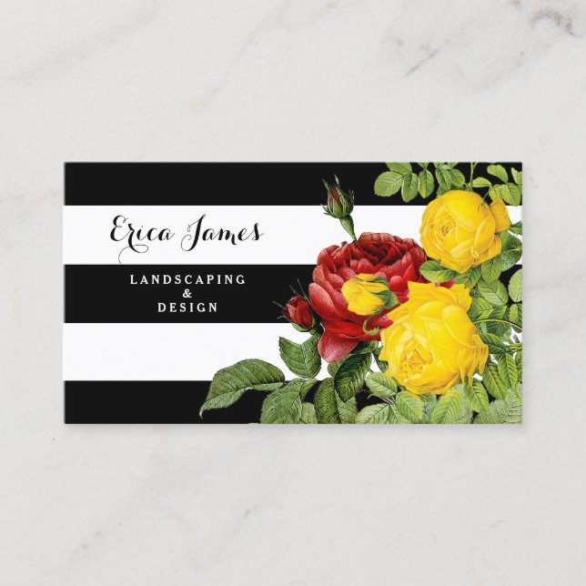 Modern Rose Floral With Big Stripes Landscaper Business Card (Front)