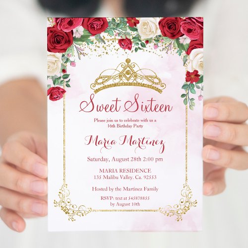 Modern Rose Flowers Blush Pink Sweet 16 Invitation