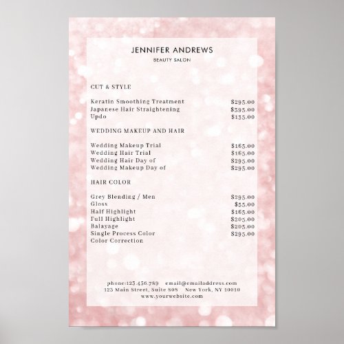 Modern rose glitter salon price list Poster